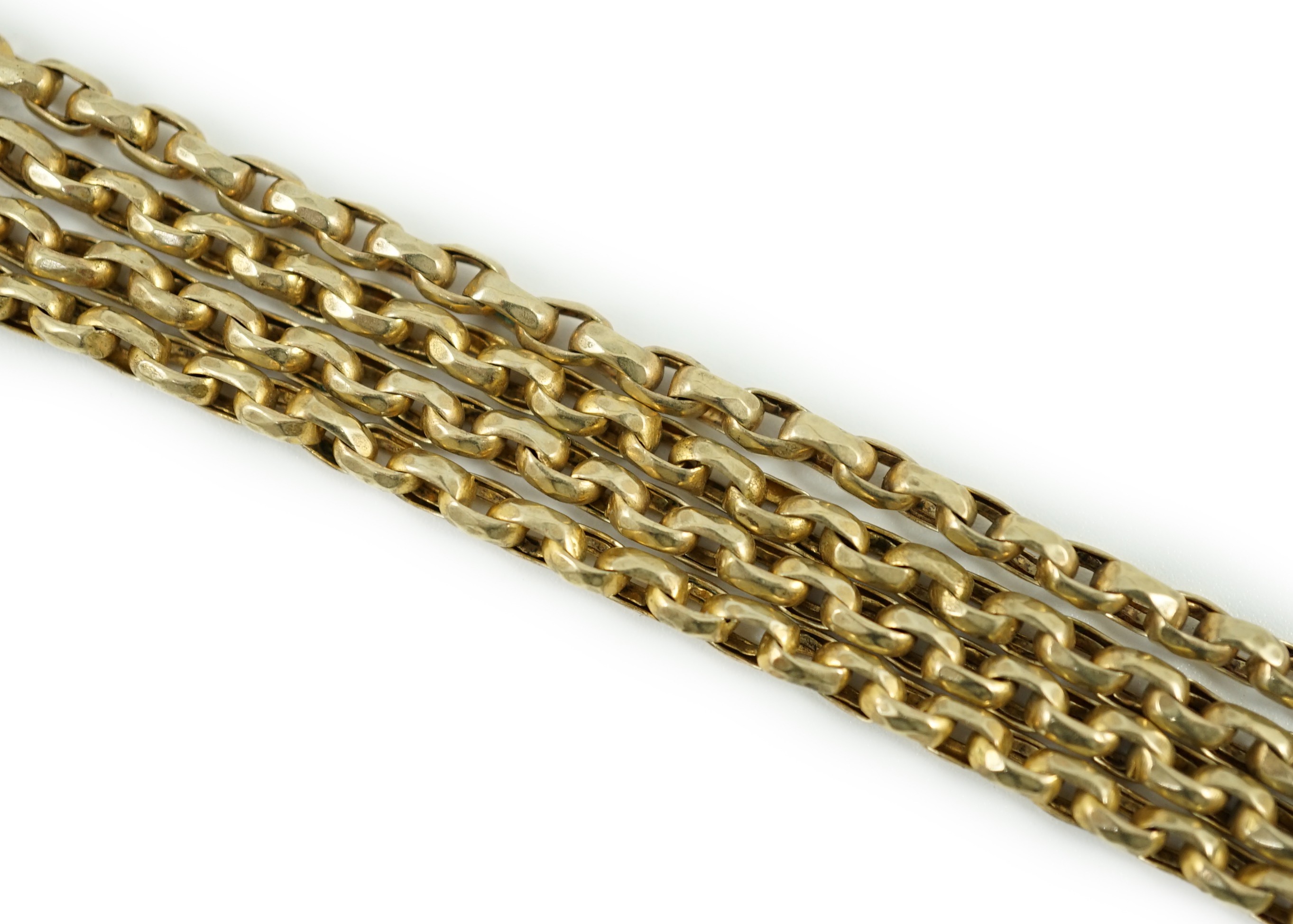 A late Victorian yellow metal guard chain, 146cm, 29.2 grams.